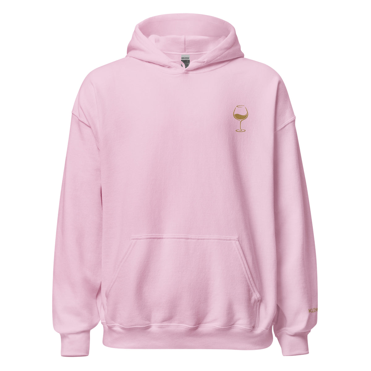 Light pink Poured for This wine hoodie by Klemm & Co., featuring a minimalist wine glass design embroidered in gold thread on the front.
