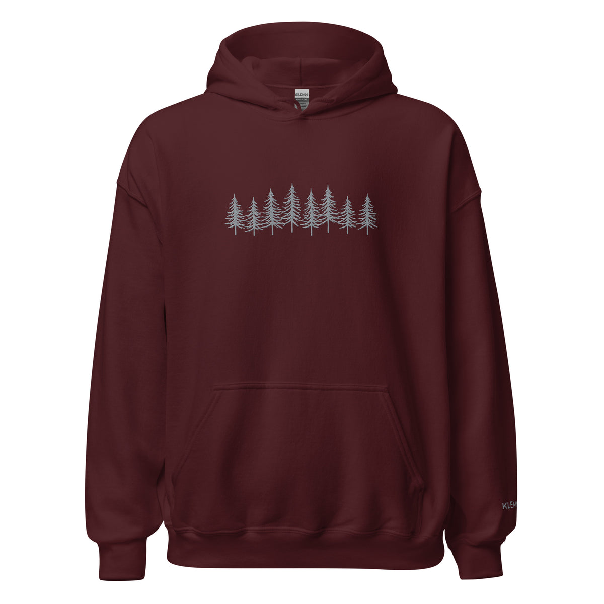 Maroon Into the Pines embroidered hoodie by Klemm & Co., featuring the pine tree design embroidered in grey thread on the front.