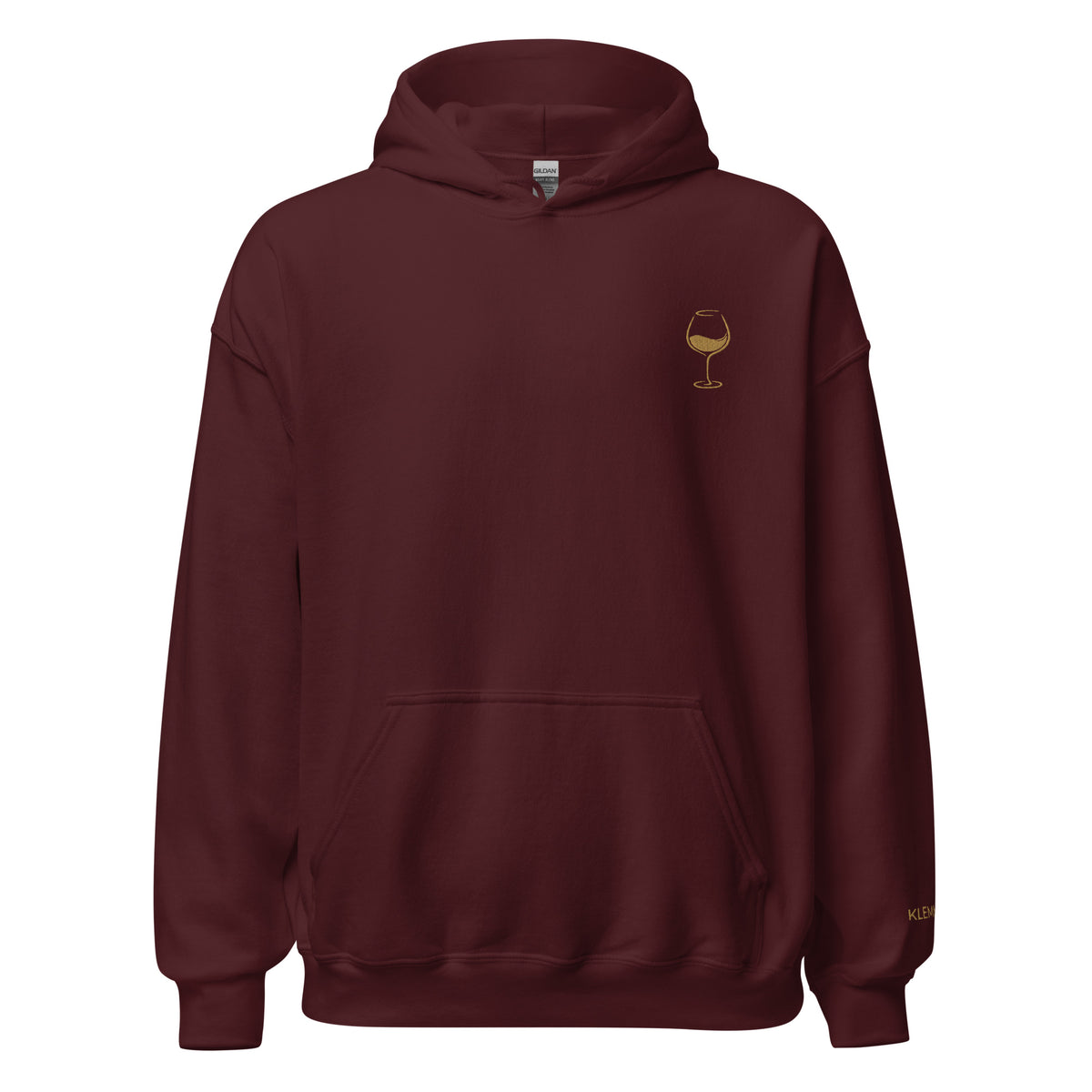Maroon Poured for This wine hoodie by Klemm & Co., featuring a minimalist wine glass design embroidered in gold thread on the front.