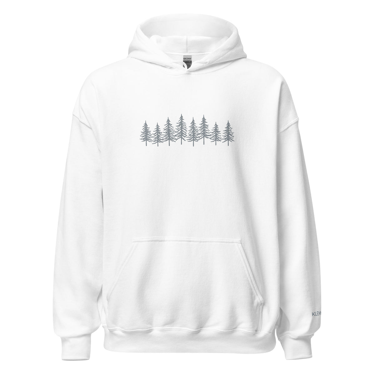White Into the Pines embroidered hoodie by Klemm & Co., featuring the pine tree design embroidered in grey thread on the front.