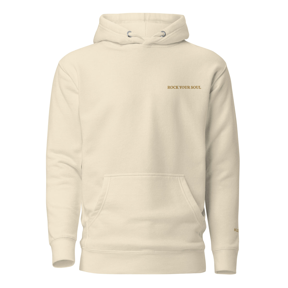Bone Rock Your Soul hoodie by Klemm & Co., featuring ROCK YOUR SOUL embroidered in gold thread on the front.
