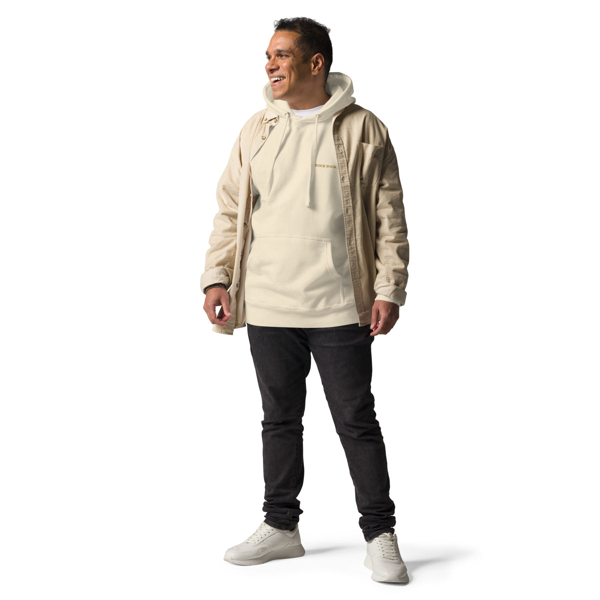 Male model wearing the bone Rock Your Soul hoodie by Klemm & Co., front view showing ROCK YOUR SOUL embroidered in gold thread.