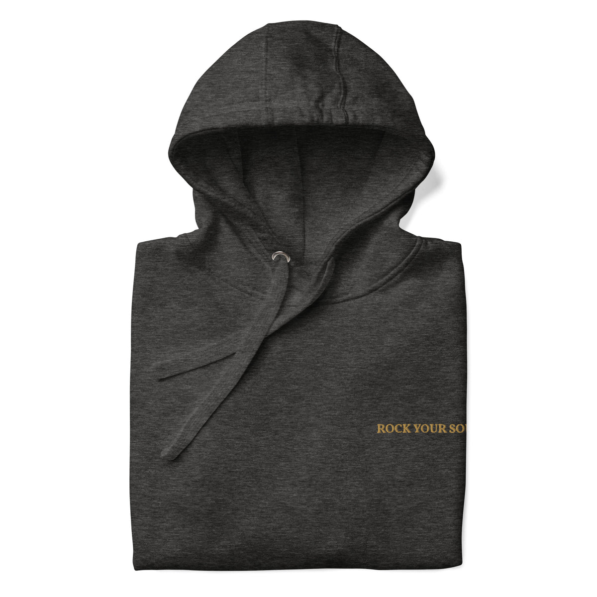Folded charcoal Rock Your Soul hoodie by Klemm & Co., showing the hood and ROCK YOUR SOUL embroidered in gold thread on the front.