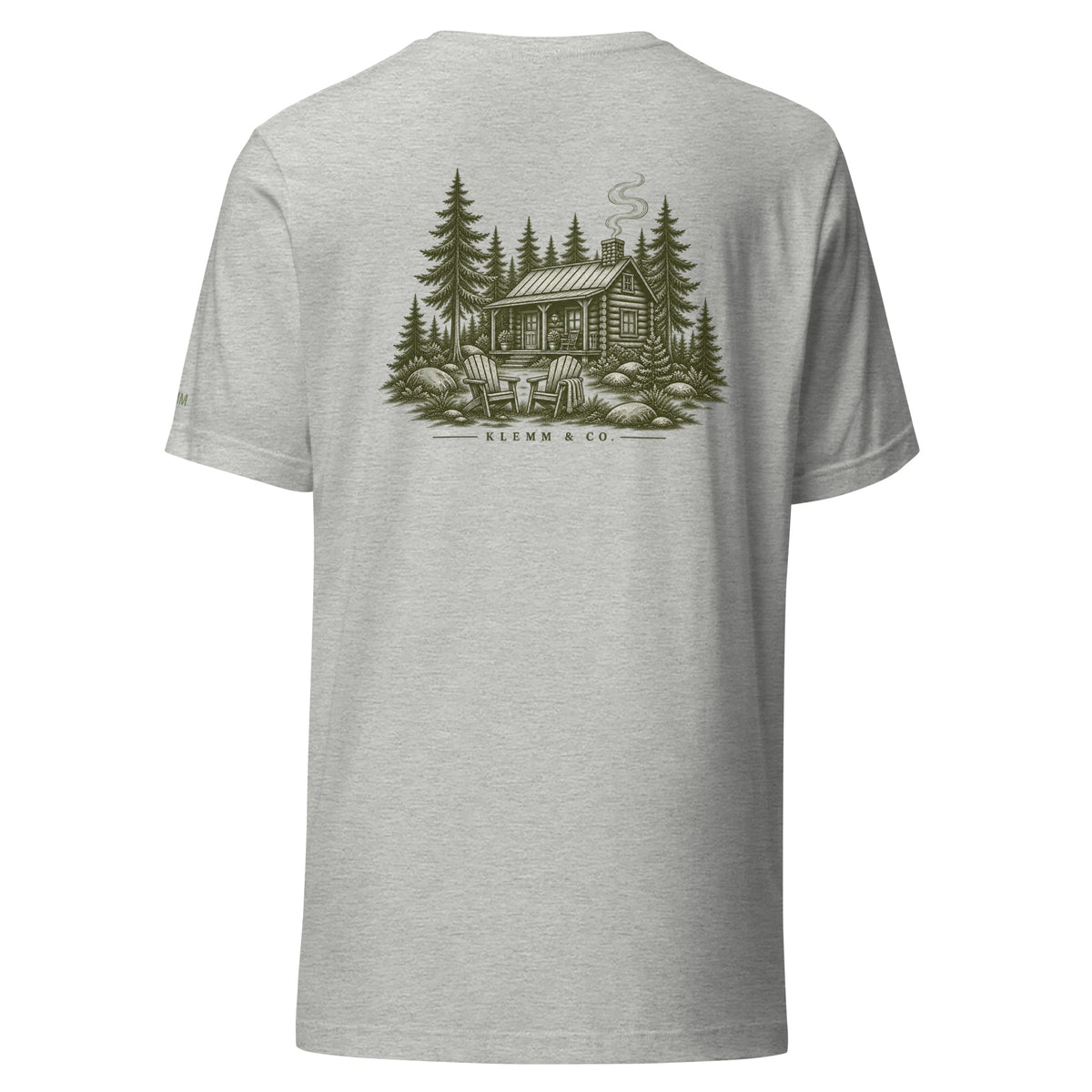 Light grey Meet Me at the Cabin graphic T-shirt by Klemm & Co., back view with the woodland cabin and pine tree design.