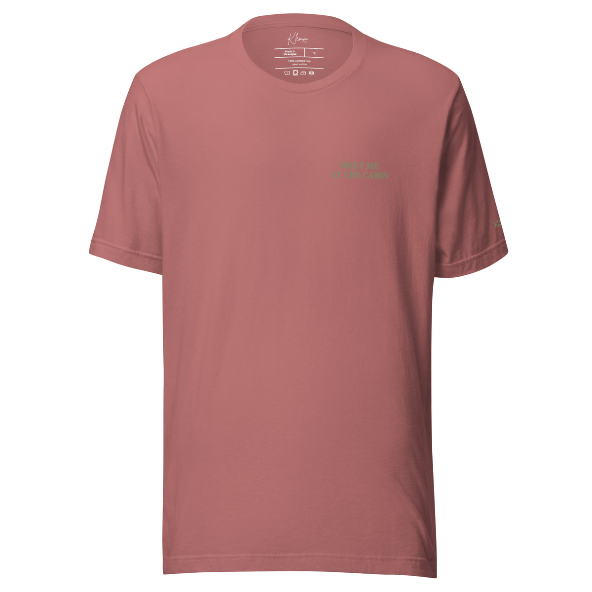 Mauve Meet Me at the Cabin graphic T-shirt by Klemm & Co., front view with subtle green chest text.