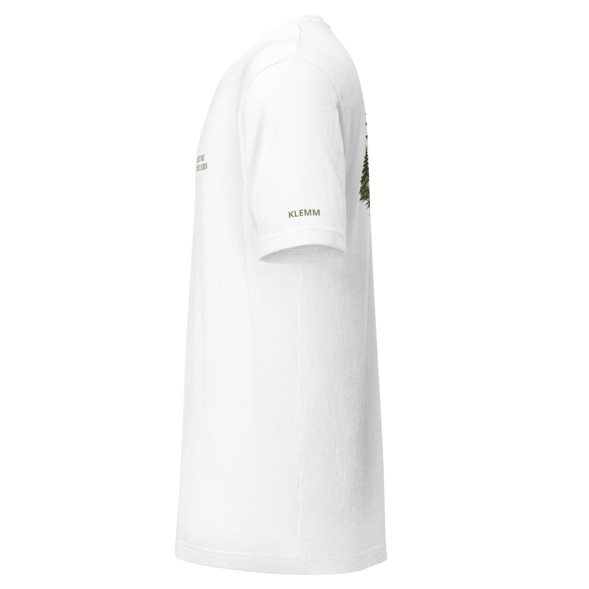 White Meet Me at the Cabin graphic T-shirt by Klemm & Co., left side view showing subtle KLEMM sleeve branding.