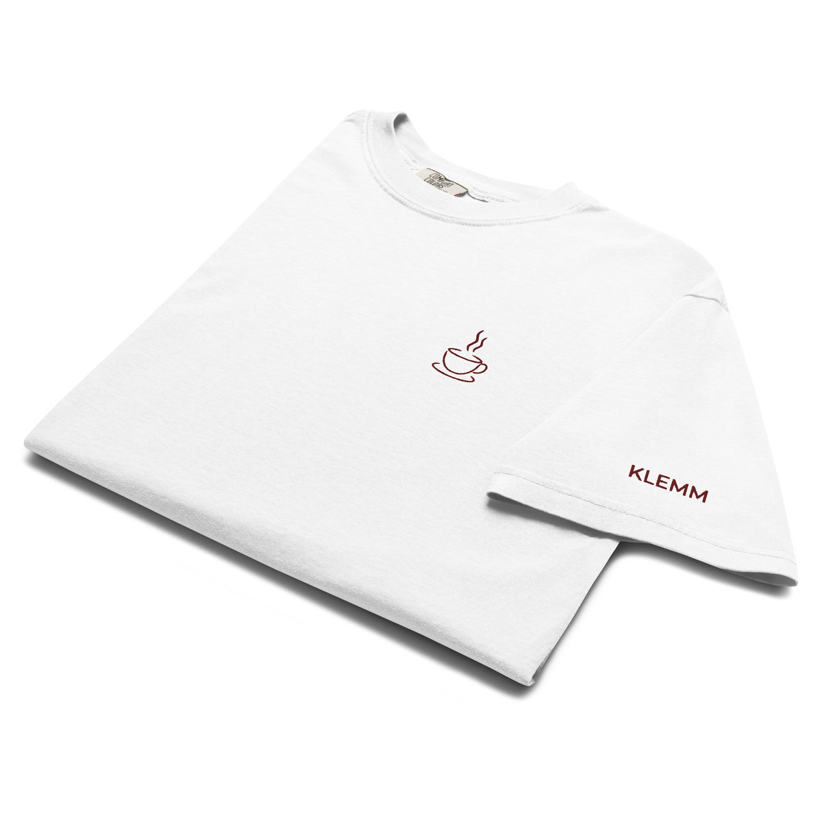 White Poured for This coffee T-shirt by Klemm & Co., featuring the coffee cup design embroidered in maroon thread on the front.